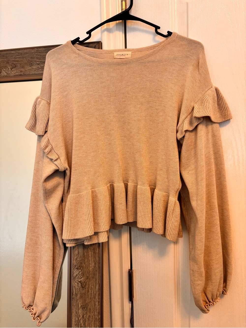Promesa Beige Ruffle Hem & Sleeve Sweatshirt